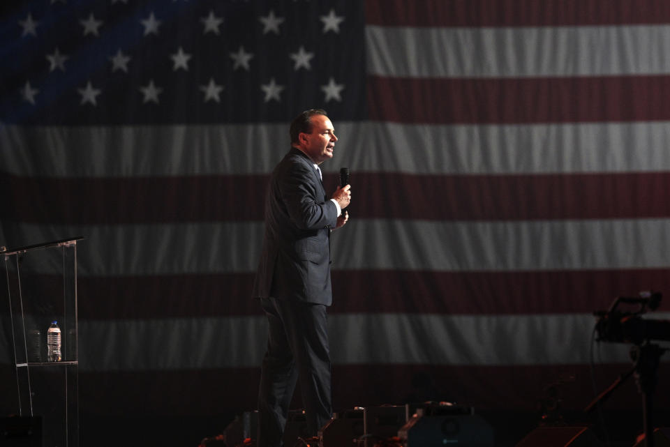 FILE - Sen. Mike Lee, R-Utah, addresses attendees during the Turning Point USA Student Action Summit, on July 22, 2022, in Tampa, Fla. Lee, after sailing to victory in past elections, is being pushed by independent Evan McMullin toward uncharted waters, into a race that will test how Trump loyalists fare with voters when offered choices beyond the two-party system. (AP Photo/Phelan M. Ebenhack, File)