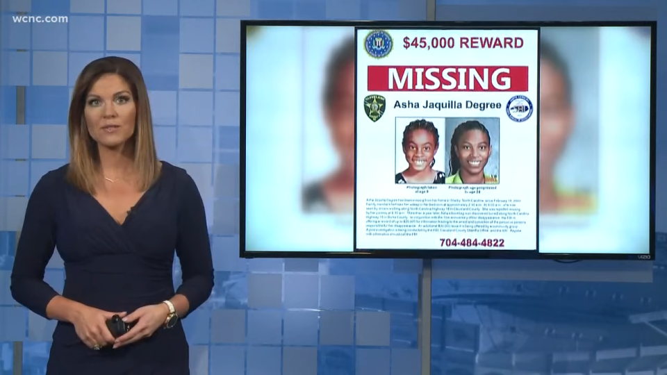 A missing persons poster of Asha televised on the news