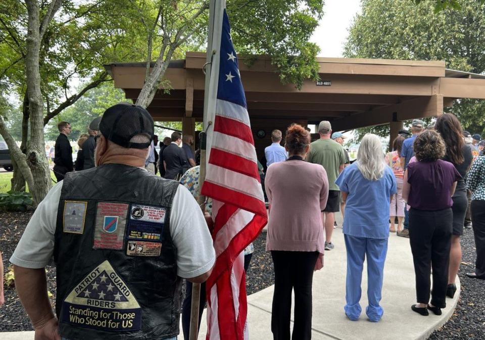 Dozens of people attended the funeral of local Marine veteran James Brooks at the Dayton National Cemetery Thursday. Brooks died at the Dayton VA recently, but had no known family members. (Xavier Hershovitz/Staff)