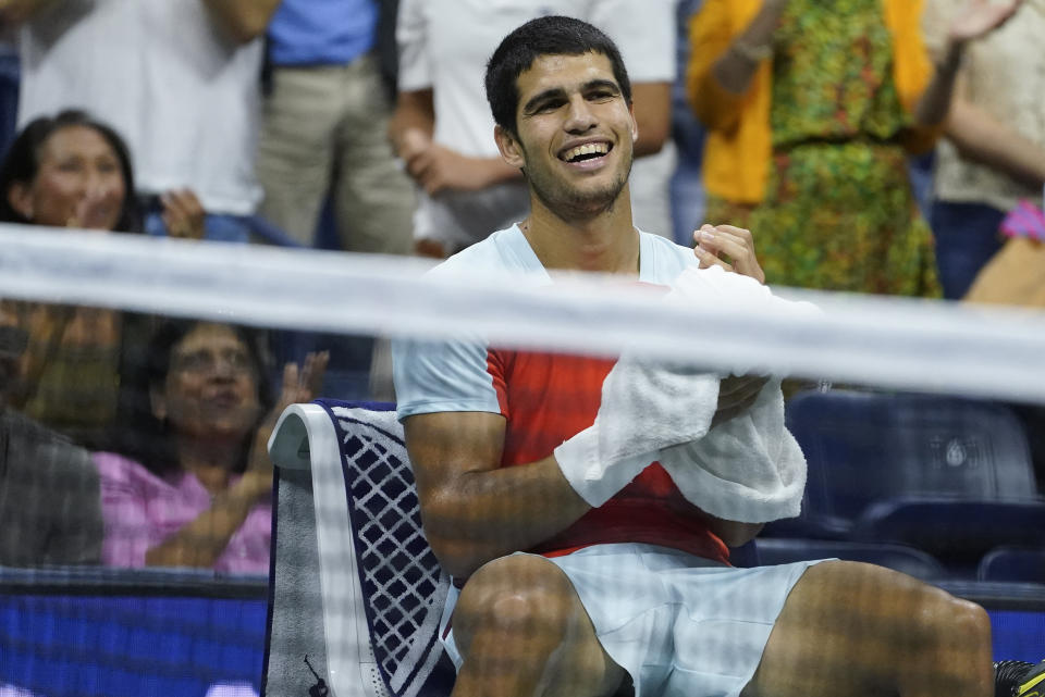 Carlos Alcaraz, of Spain, takes a break between games against Frances Tiafoe, of the United States, during the semifinals of the U.S. Open tennis championships, Friday, Sept. 9, 2022, in New York. (AP Photo/John Minchillo)