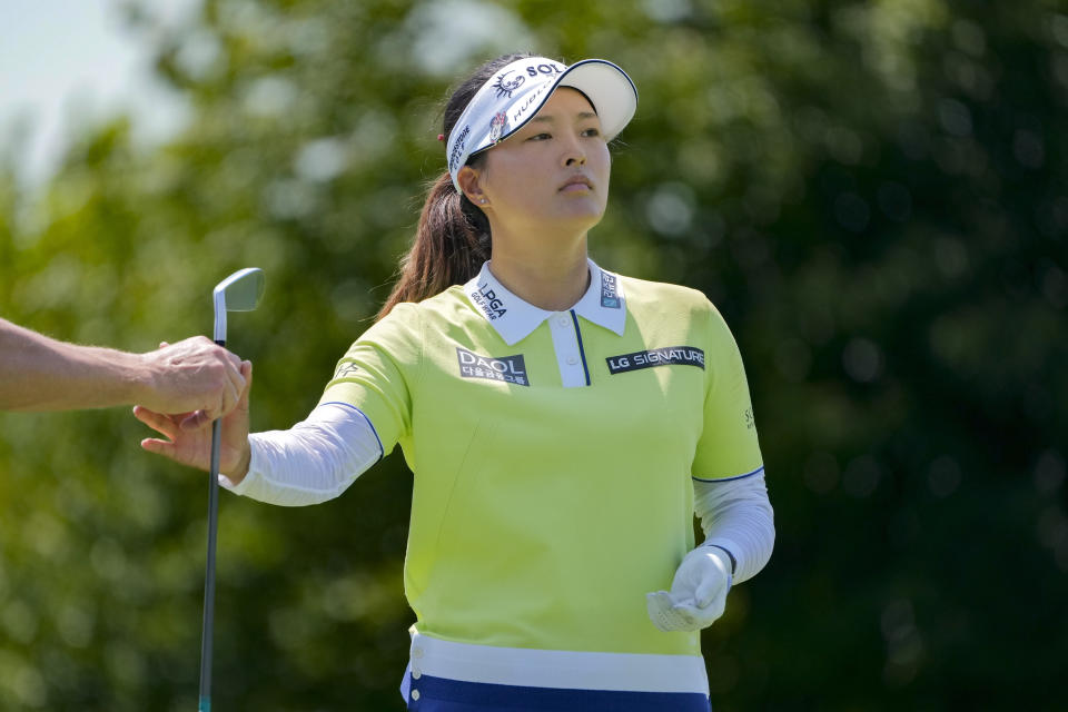 Jin Young Ko, of South Korea, prepares to hit off the eleventh tee during the first round of the Mizuho Americas Open golf tournament, Thursday, June 1, 2023, at Liberty National Golf Course in Jersey City, N.J. (AP Photo/John Minchillo)