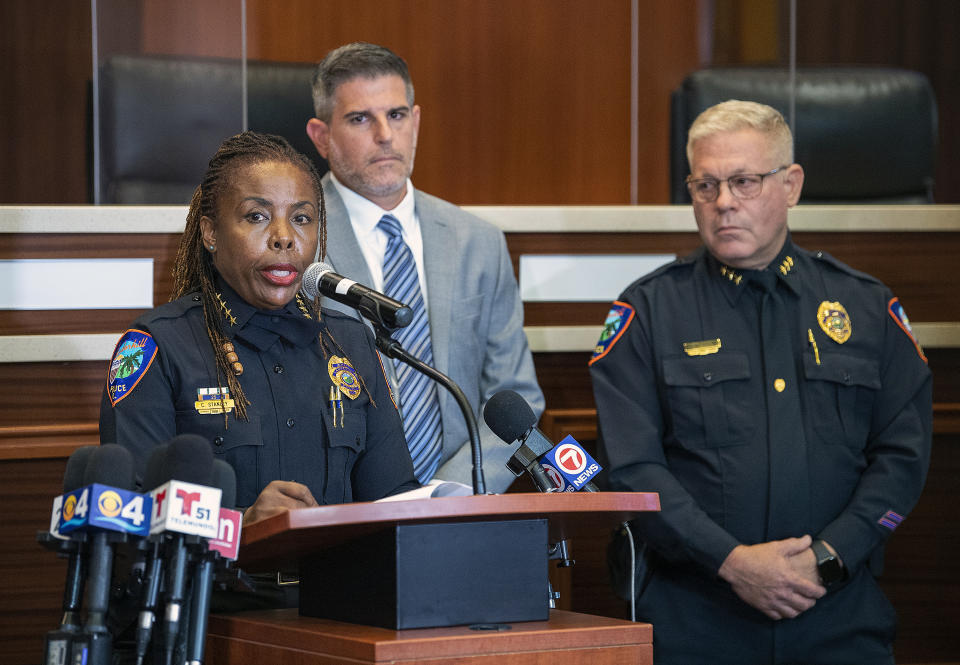 Lauderhill Police Chief Constance Stanley speaks during a news conference, Wednesday, June 23, 2021, in Lauderhill, Fla., after two young girls were found dead in a canal a day earlier. (Michael Laughlin/South Florida Sun-Sentinel via AP)