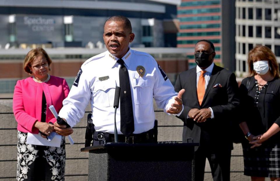 Charlotte CMPD Chief of Police Johnny Jennings speaks during a press conference in October. CMPD says it will only resort to issuing citations for mask mandate noncompliance as a “last-measure.”