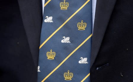 Detail of a tie is seen as officials record examine cygnets and swans during the annual census of the Queen's swans, known as 'Swan Upping', along the River Thames in London