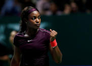 Tennis - WTA Tour Finals - Singapore Indoor Stadium, Kallang, Singapore - October 22, 2018 Sloane Stephens of the U.S. reacts during her group stage match against Japan's Naomi Osaka REUTERS/Edgar Su