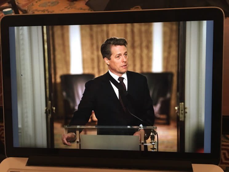 Grant… on set, and still prime minister in Comic Relief’s Love Actually sequel – Credit: Twitter