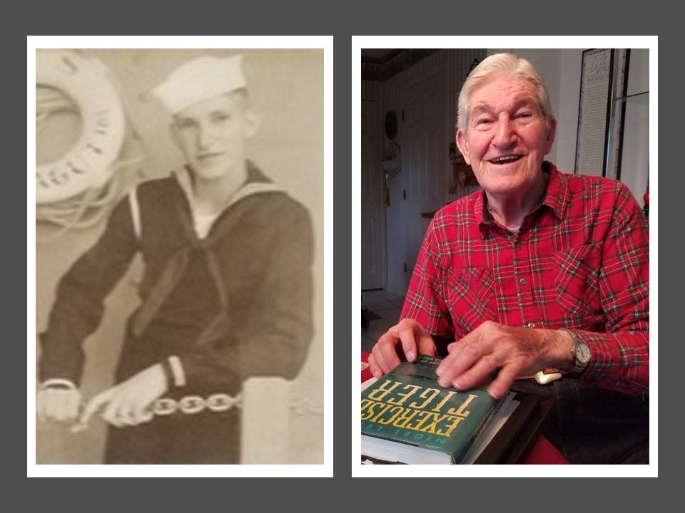 World War II veteran George Sarros in 1943, left, and 2022.