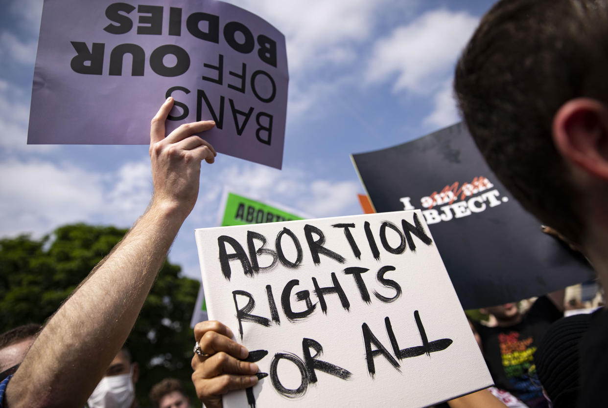 Abortion rights demonstrators during a protest outside the U.S. Supreme Court