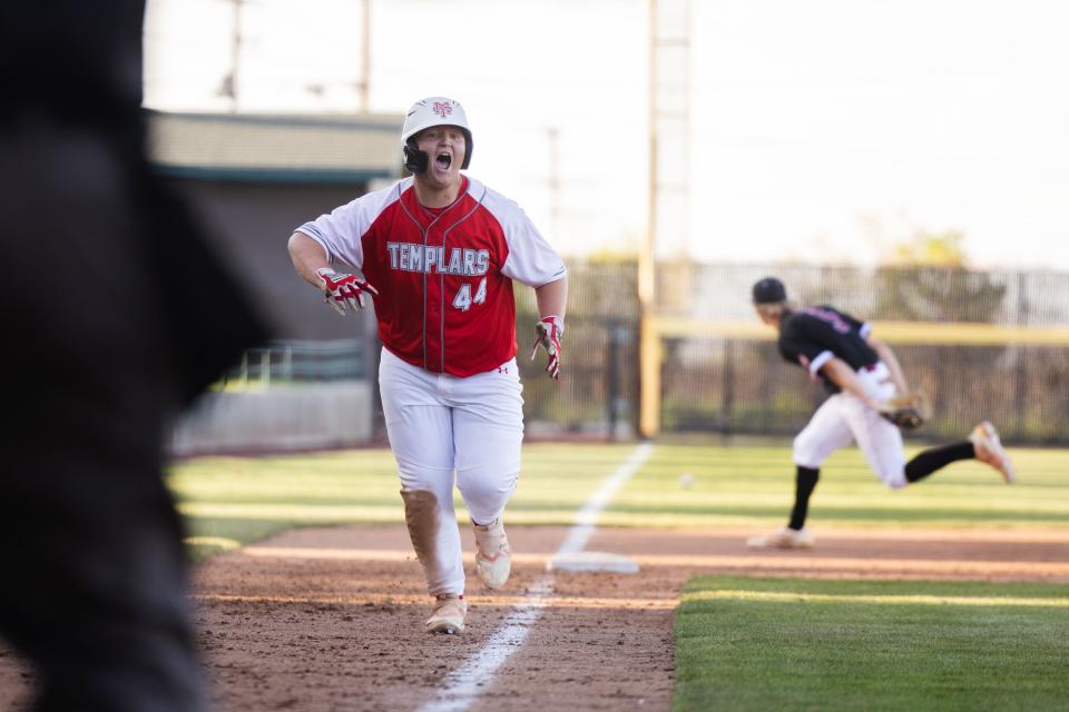 Manti’s Troy Madsen (44) reacts as he runs to home during the 3A boys baseball quarterfinals at Kearns High School in Kearns on May 11, 2023. | Ryan Sun, Deseret News