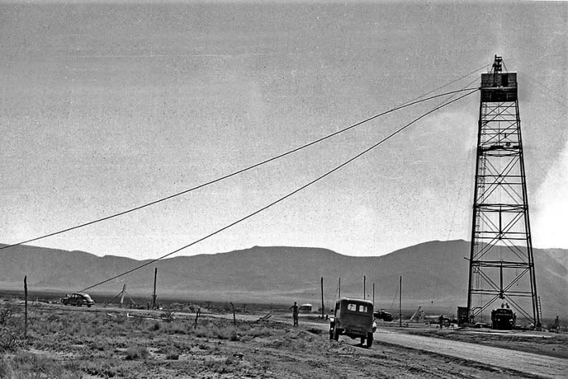 The 100-foot tower on which the bomb was placed for the Trinity test. Photo courtesy Los Alamos National Laboratory