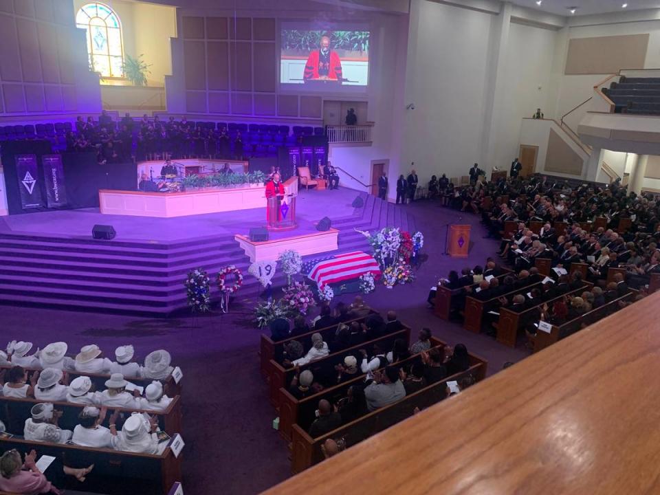 The Rev. Michael Ross of the New Ebenezer Baptist Church, presides over the funeral of state Sen. John Scott at the Bible Way Church of Atlas Road in Columbia on Saturday, Aug. 19, 2023.