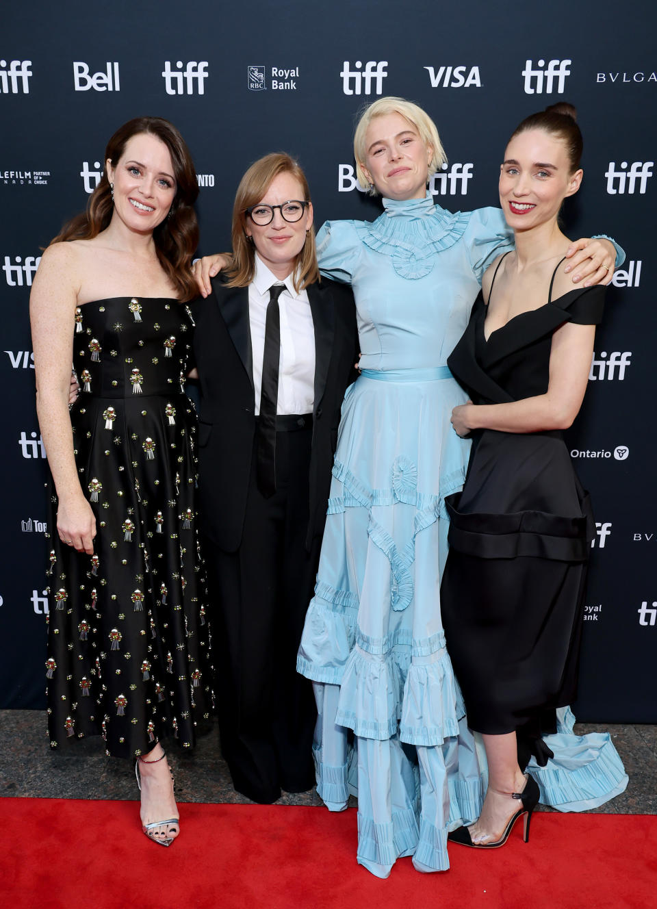 TORONTO, ONTARIO - SEPTEMBER 13: (L-R) Claire Foy, Sarah Polley, Jessie Buckley, and Rooney Mara attend the 