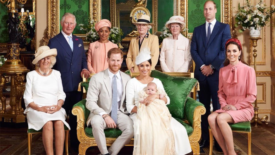 Prince Charles, Camilla, Prince Harry, Meghan, Archie, Doria Ragland, Prince William and Kate pose for family portrait after christening