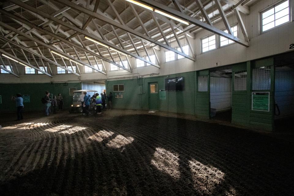 A view of the inside of a barn at Santa Anita Park.