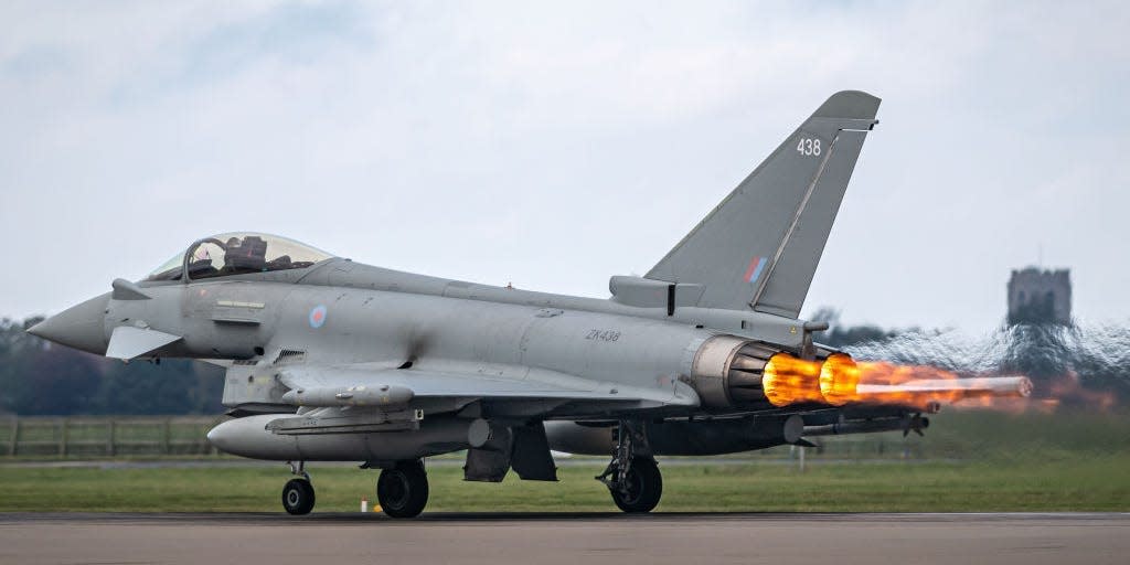 ZK438 Royal Air Force Eurofighter Typhoon FGR4 lights the afterburner for a performance takeoff RAF Coningsby.