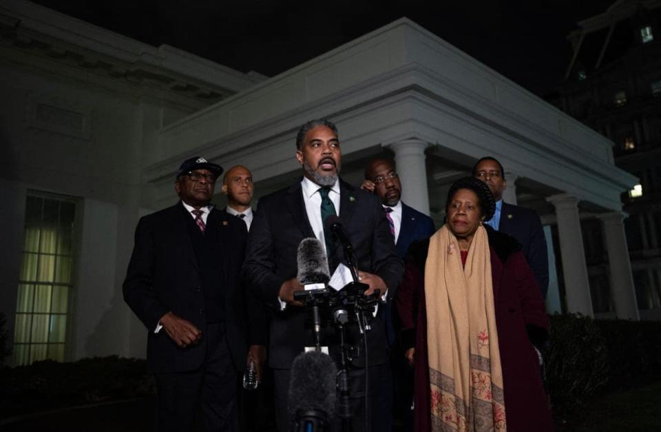 U.S. Representative Steven Horsford (D-Nev.) speaks as other members of the Congressional Black Caucus look on after a meeting with President Joe Biden, outside the West Wing of the White House in Washington, D.C., on February 2, 2023. (Photo by ANDREW CABALLERO-REYNOLDS/AFP via Getty Images)