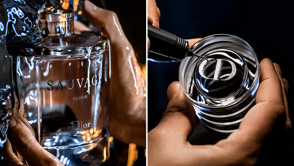Other views of the bottle's creation, including the fashion label's CD initials being etched onto the lid.
