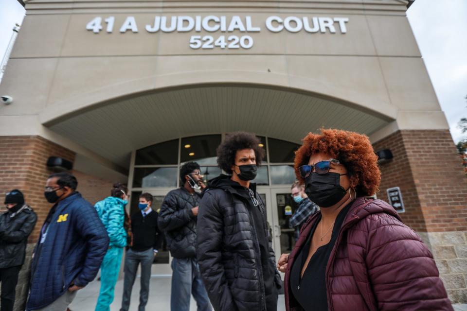 Nakia Wallace, 24, of Detroit , cofounder of Detroit Will Breathe, holds a press conference in front of the Shelby Twp Courts with other DWB members demanding felony charges be dropped or dismissed against Black Lives Matter protestors and that Shelby Twp Police Chief Robert Shelide resign or removed after posting ÒracistÓ tweets on Tuesday, Oct. 26, 2021. 