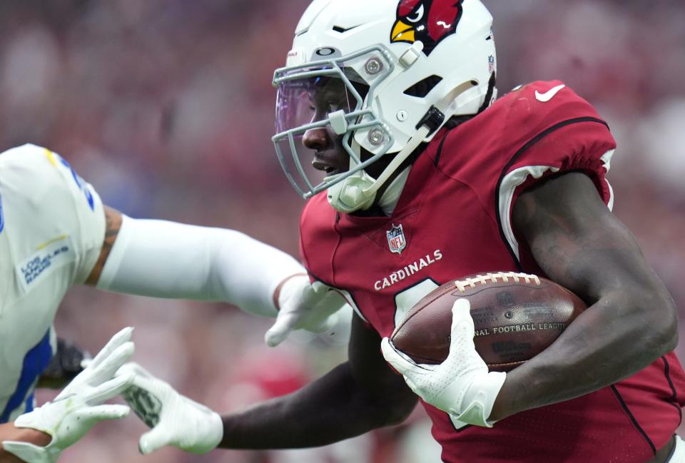 Sep 25, 2022; Glendale, AZ, USA; Arizona Cardinals receiver Marquise Brown (2) runs the ball against the Los Angeles Rams at State Farm Stadium.