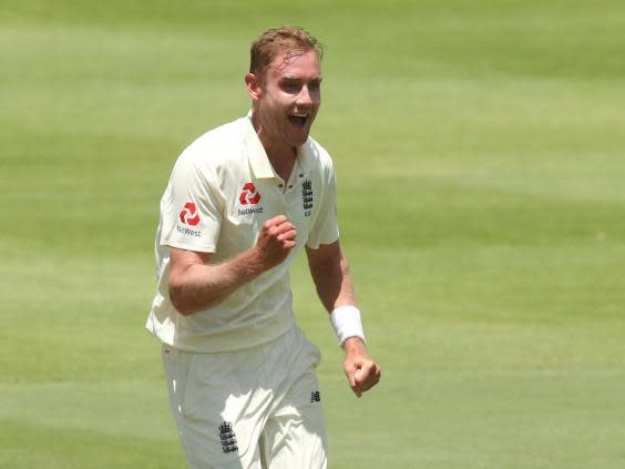 Stuart Broad celebrates taking Zubayr Hamza on day two of the second Test (Reuters)