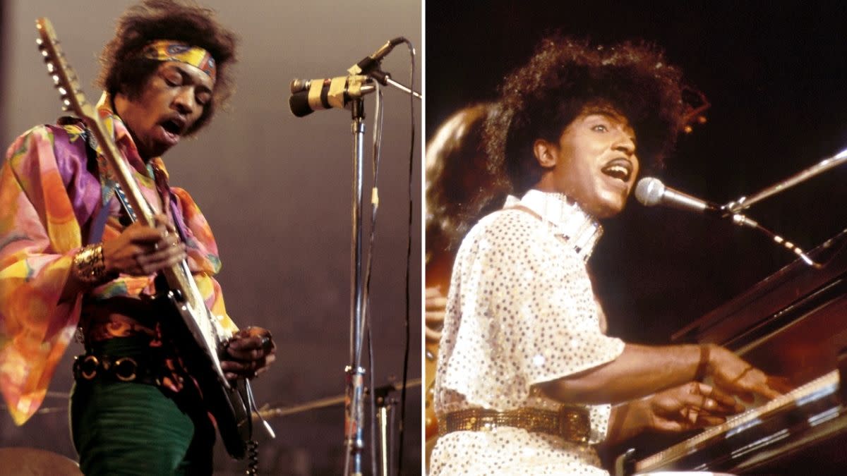  Jimi Hendrix (left) and Little Richard performing onstage. 