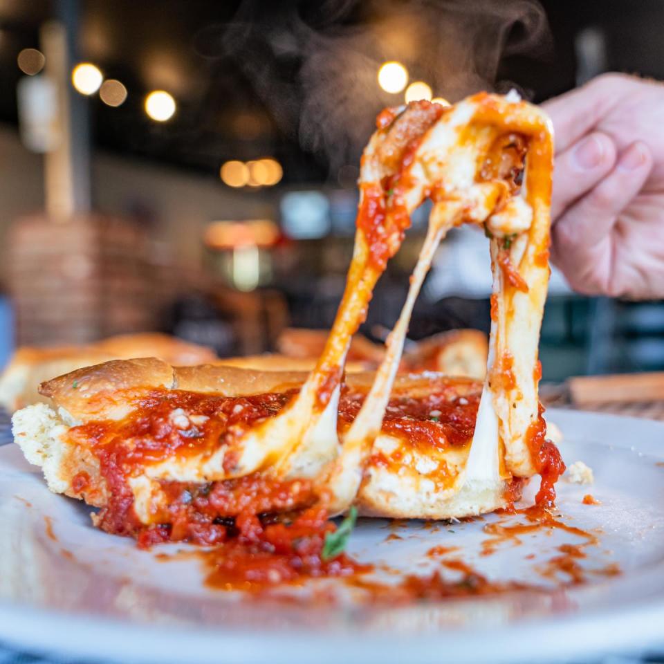 Chicago-style deep dish pizza at Jake and Elwood's restaurant in Louisville.