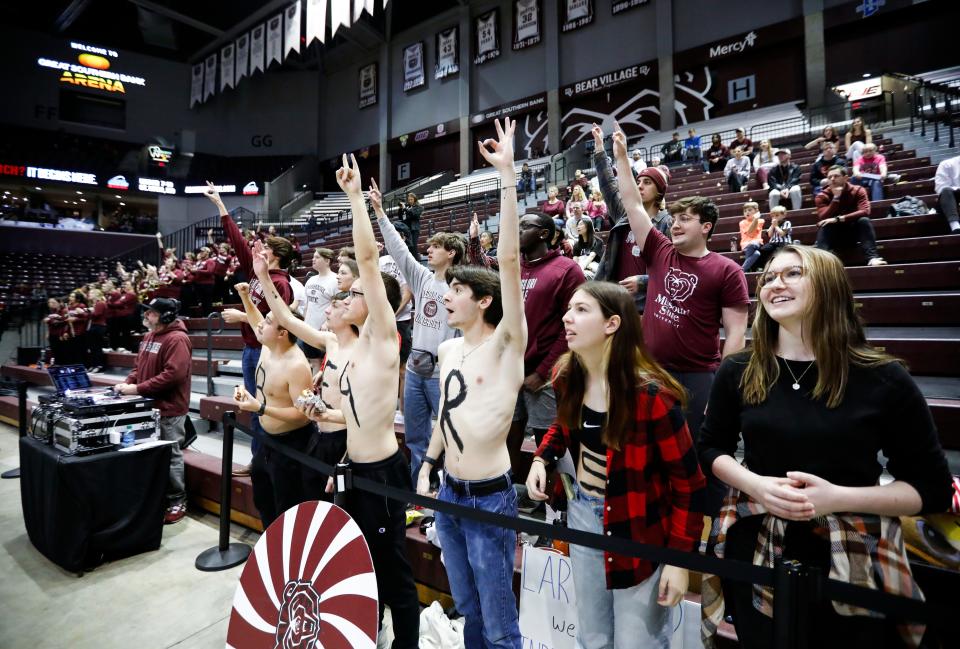 Scenes of a Missouri State men's basketball crowd when the Bears played Indiana State on February 10, 2024. The announced attendance was 3,517, ranking among the largest crowds of the 2023-24 season.