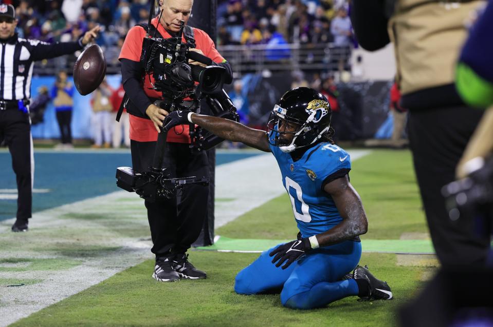 Jacksonville Jaguars wide receiver Calvin Ridley (0) pitches the ball back to the officials after a catch is ruled incomplete during the fourth quarter of a regular season NFL football matchup Sunday, Dec. 17, 2023 at EverBank Stadium in Jacksonville, Fla. The Baltimore Ravens defeated the Jacksonville Jaguars 23-7. [Corey Perrine/Florida Times-Union]