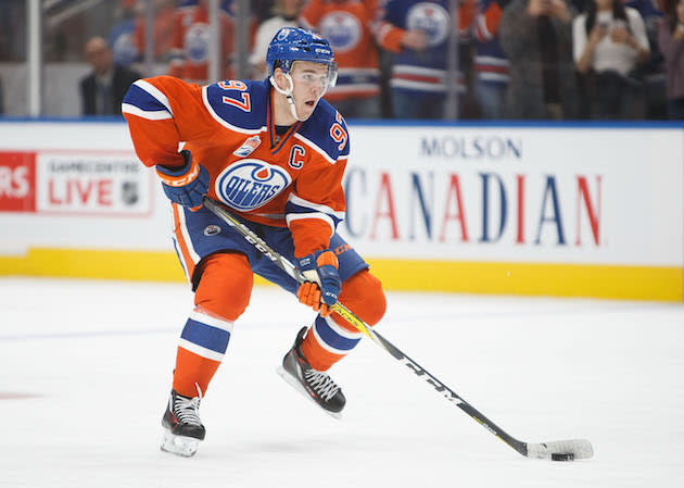 EDMONTON, AB - OCTOBER 12: Connor McDavid #97 of the Edmonton Oilers skates against the Calgary Flames on October 12, 2016 at Rogers Place in Edmonton, Alberta, Canada. (Photo by Codie McLachlan/Getty Images)