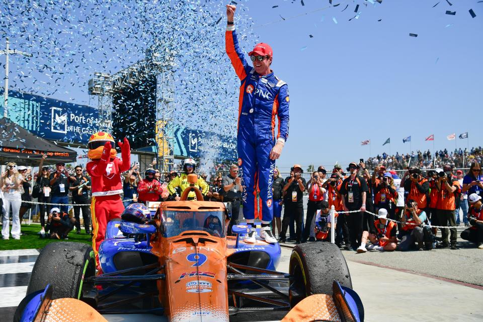 Scott Dixon celebrates after winning the the Long Beach Grand Prix on April 21, 2024.