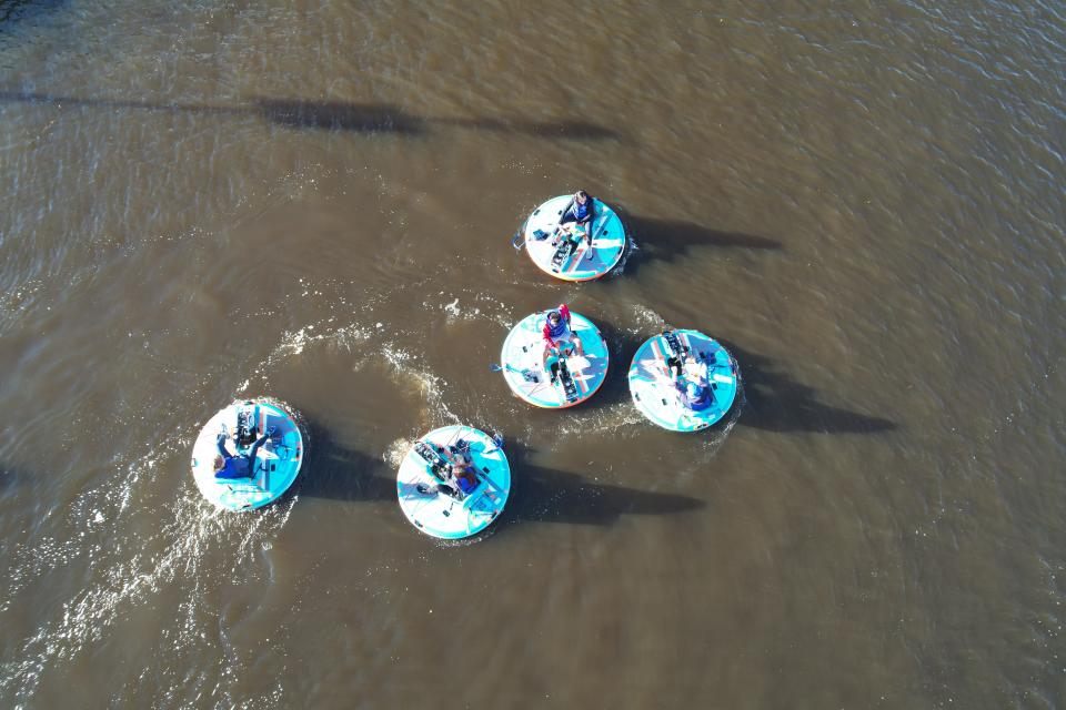 A view from above of Cream City Boats' "party boats" on the Milwaukee River.