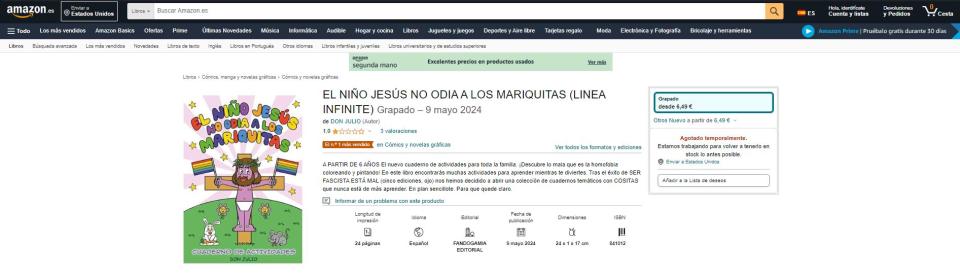 <span>Captura de pantalla del archivo de la página de Amazon del libro "El niño Jesús no odia a los mariquitas", realizada el 29 de mayo de 2024 </span>