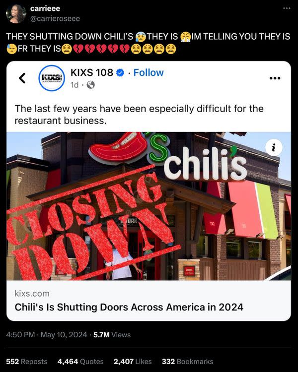 A false rumor circulated online with users claiming Chili's Grill & Bar was shutting down and closing all locations across America.