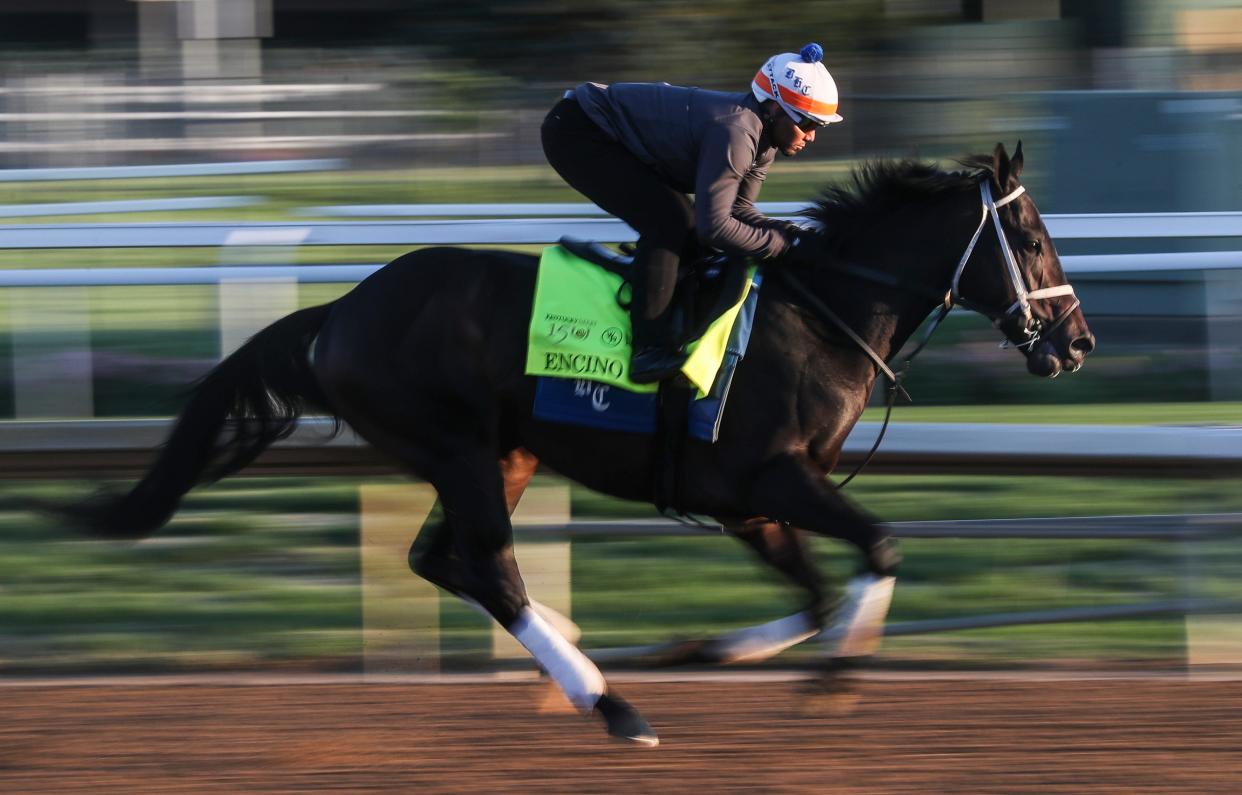 2024 Kentucky Derby contender Encino works out on Saturday morning at Churchill Downs in Louisville, Ky. April 20, 2024. Trainer is Brad Cox. Owner is Godolphin LLC.