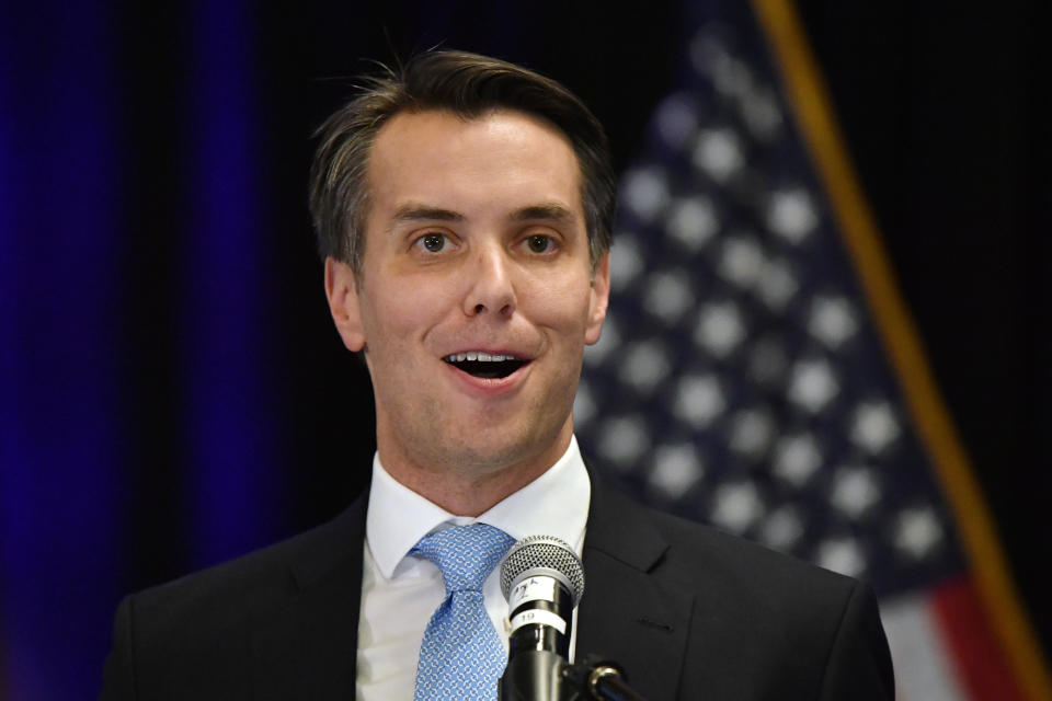 Democrat Morgan McGarvey speaks to supporters in Louisville, Ky., Tuesday, Nov. 8, 2022. McGarvey won in the state's 3rd Congressional District. (AP Photo/Timothy D. Easley)