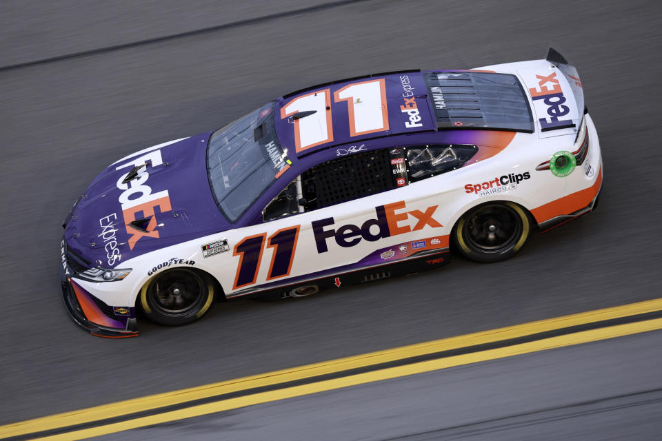 DAYTONA BEACH, FLORIDA - FEBRUARY 15: Denny Hamlin, driver of the #11 FedEx Express Toyota, drives during practice for the NASCAR Cup Series 64th Annual Daytona 500 at Daytona International Speedway on February 15, 2022 in Daytona Beach, Florida. (Photo by Jared C. Tilton/Getty Images)