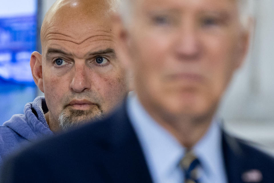 US Senator John Fetterman (D-PA) looks on as US President Joe Biden delivers remarks following a briefing on Interstate-95 highway emergency repair and reconstruction efforts, in Philadelphia, Pennsylvania, on June 17, 2023. (Photo by Julia Nikhinson / AFP) (Photo by JULIA NIKHINSON/AFP via Getty Images)