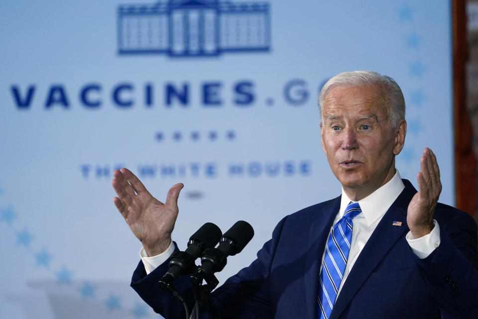 FILE - President Joe Biden speaks about COVID-19 vaccinations after touring a Clayco Corporation construction site for a Microsoft data center in Elk Grove Village, Ill., Thursday, Oct. 7, 2021. The fate of Biden’s vaccine mandate for larger private employers may come down to a lottery that determines which federal circuit court will consider the matter. Conservative groups have filed challenges to the rule in right-leaning courts, while unions that argue the rule doesn’t go far enough have done so in left-leaning courts. The multiple cases are expected to be consolidated, and it will be up to a random drawing – expected on Tuesday, Nov. 16 -- to determine where that will be.(AP Photo/Susan Walsh, File)