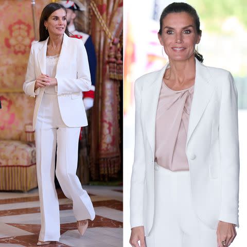 <p>Carlos Alvarez/Getty Images (2)</p> Queen Letizia at the Royal Palace in June; Queen Letizia visits CREADE Refugees Center in June 2022.