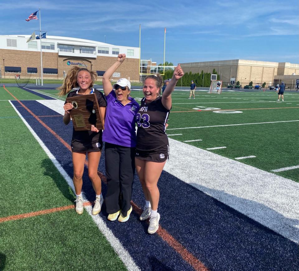 Rumson-Fair Haven's Abby Boyle, coach Amy O'Keefe, and Logan Davis (respectively) celebrating SCT title (May 20, 2024)