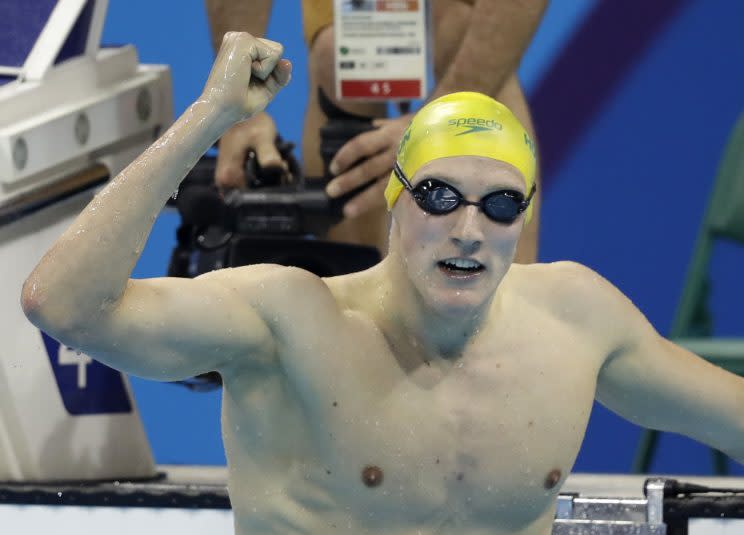 Australia's Mack Horton celebrates after winning the gold medal in the men's 400-meter freestyle. (AP)