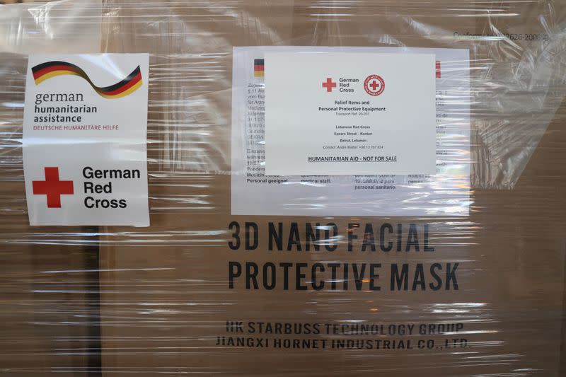 German red cross humanitarian aid for Lebanon is seen at their Logistics centre in Berlin Schoenefeld airport