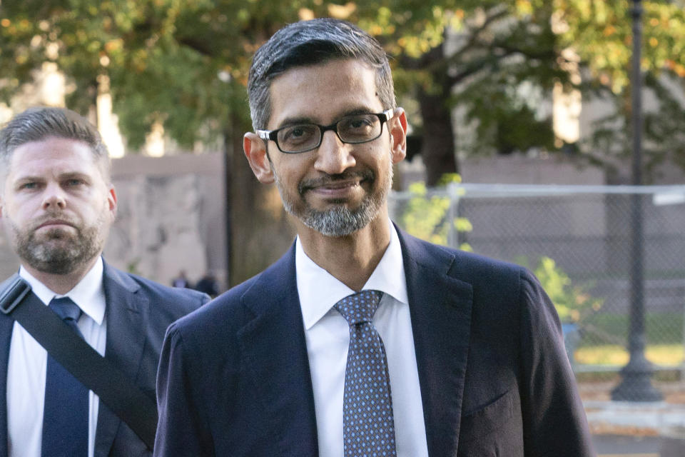 Google and Alphabet Inc. CEO Sundar Pichai arrives at the federal courthouse in Washington, Monday, Oct. 30, 2023. (AP Photo/Jose Luis Magana)
