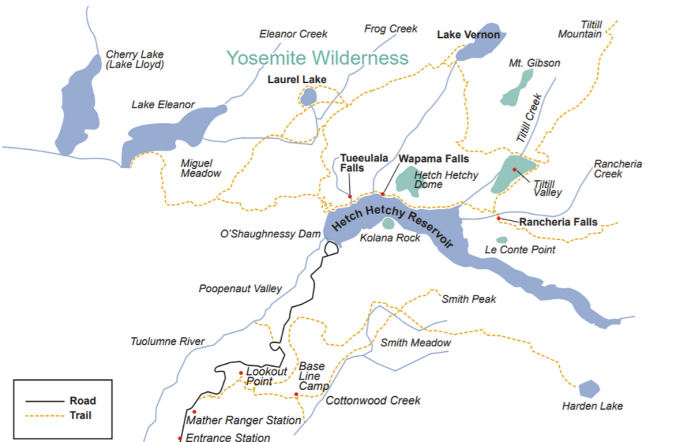 Captura de pantalla de un mapa de Hetch Hetchy del Servicio de Parques Nacionales.