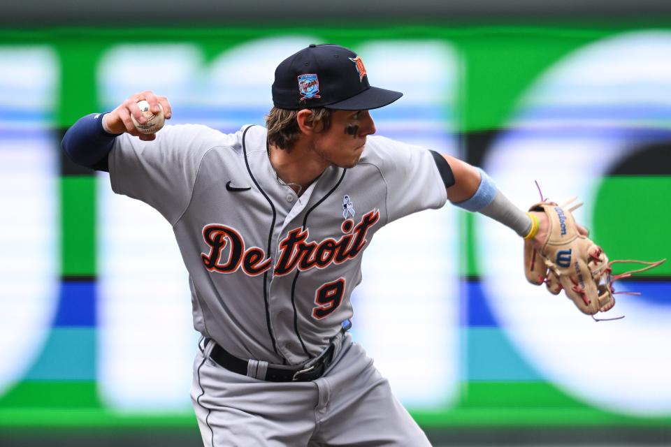 Detroit Tigers third baseman Nick Maton (9) makes a putout during the fourth inning against the Minnesota Twins at Target Field in Minneapolis on Sunday, June 18, 2023.