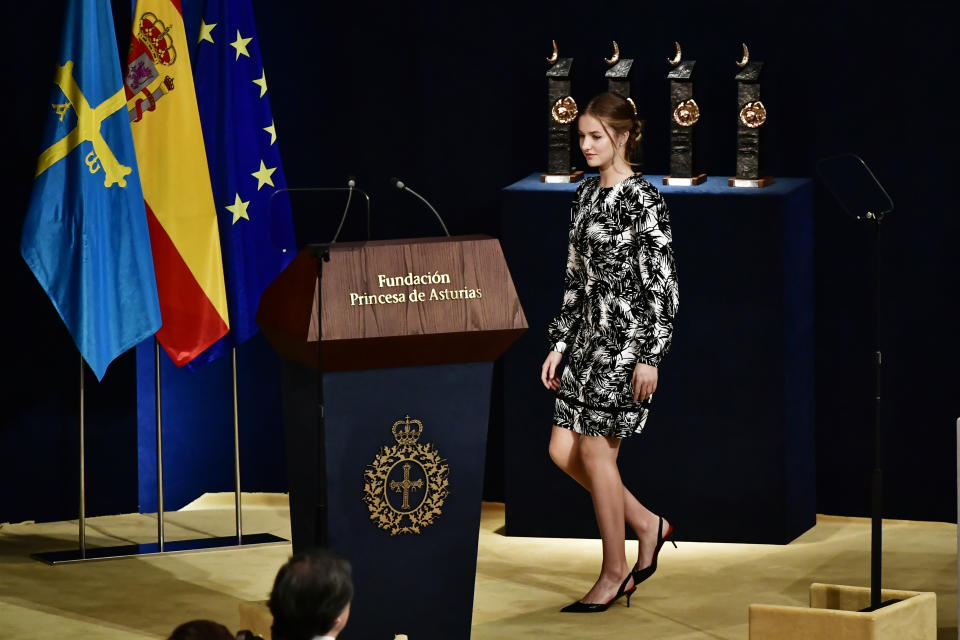 Leonor, Princess of Asturias walks to deliver her speech at the 2022 Princess of Asturias Awards ceremony in Oviedo, northern Spain, Friday, Oct. 28, 2022. The awards, named after the heir to the Spanish throne, are among the most important in the Spanish-speaking world. (AP Photo/Alvaro Barrientos)