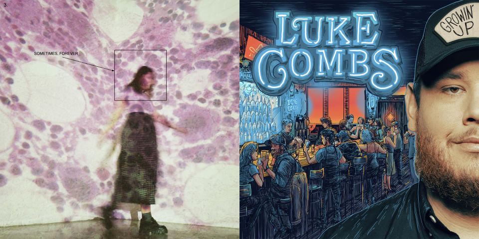 En esta combinación de fotos, la portada de los álbumes "Sometimes, Forever" de Soccer Mommy, a la izquierda, y "Growin' Up" de Luke Combs. (Loma Vista vía AP, izquierda, y River House Artists/Columbia Nashville vía AP)