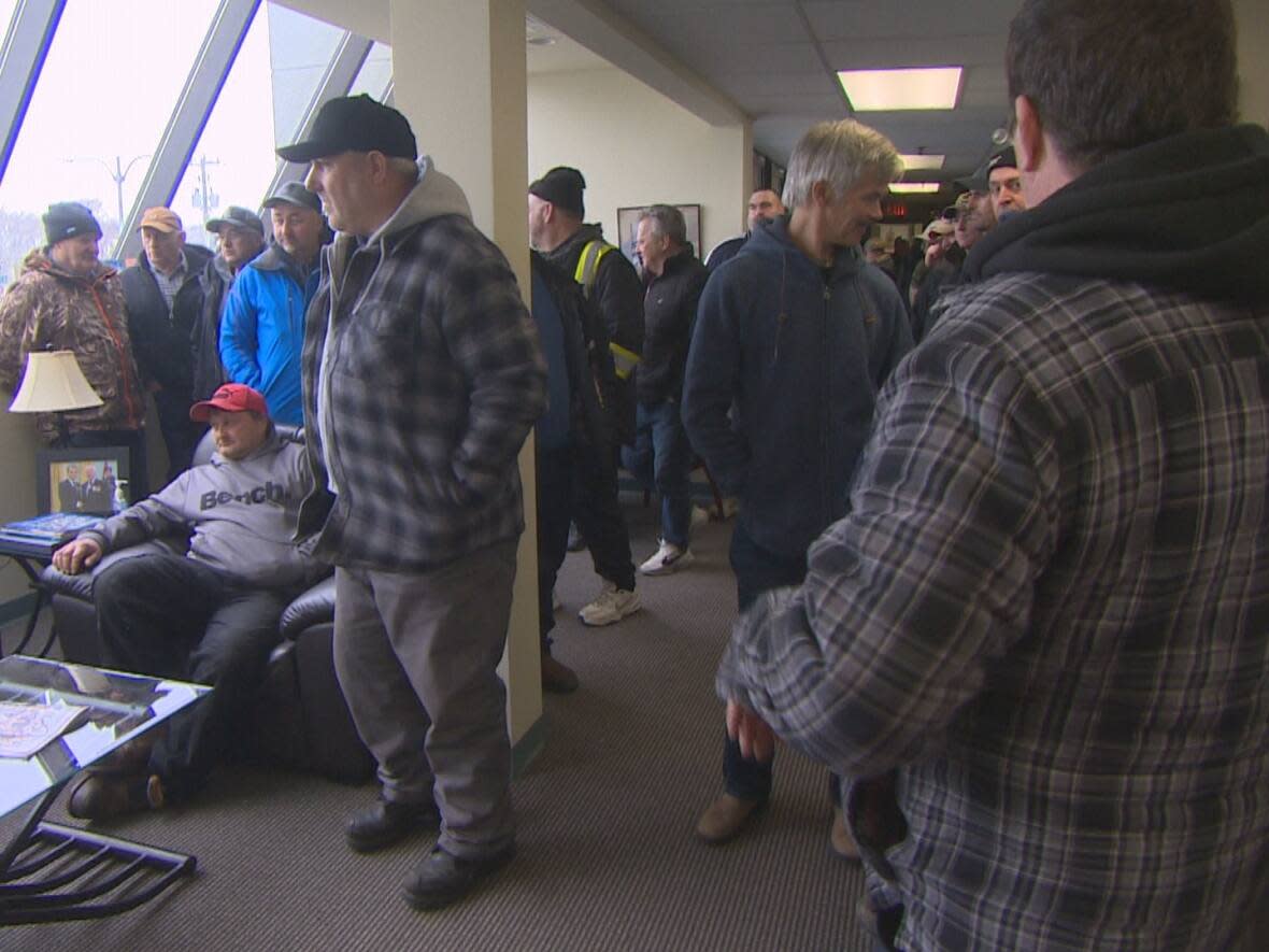 Crab fishermen who fish in Zone 3L brought their concerns over quotas and the Department of Fisheries and Oceans' Precautionary Approach Management System to constituency office of Seamus O'Regan Monday. (Mark Quinn/CBC - image credit)