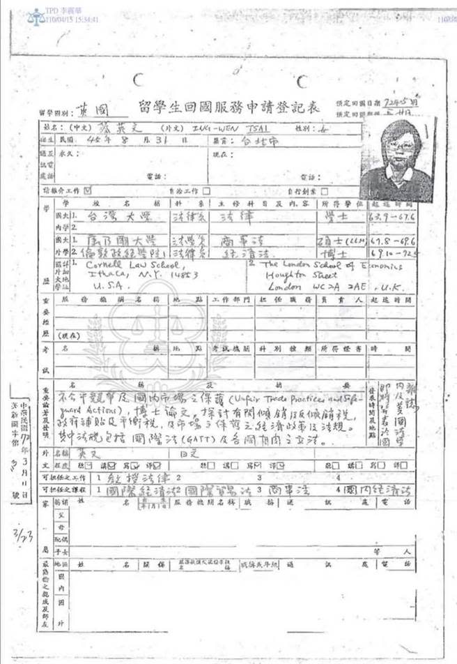 蔡英文1983年3月11日親填的「留學生回國服務申請登記表」(摘自林環牆臉書)