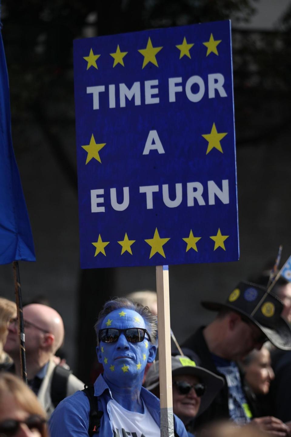 An anti-Brexit campaigner with his face painted in the colours of the European Union flag (PA)